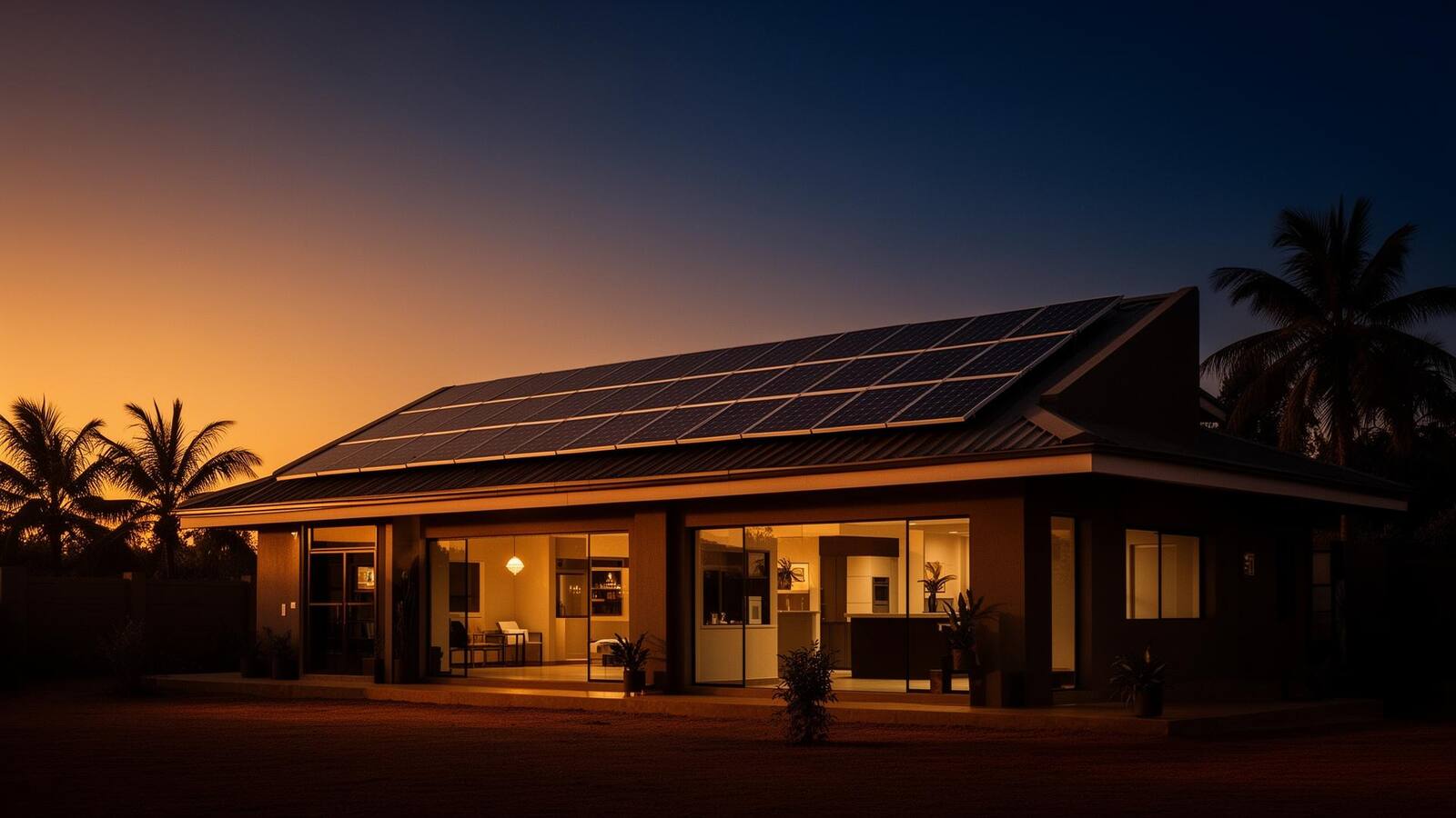 Modern home with rooftop solar at dusk